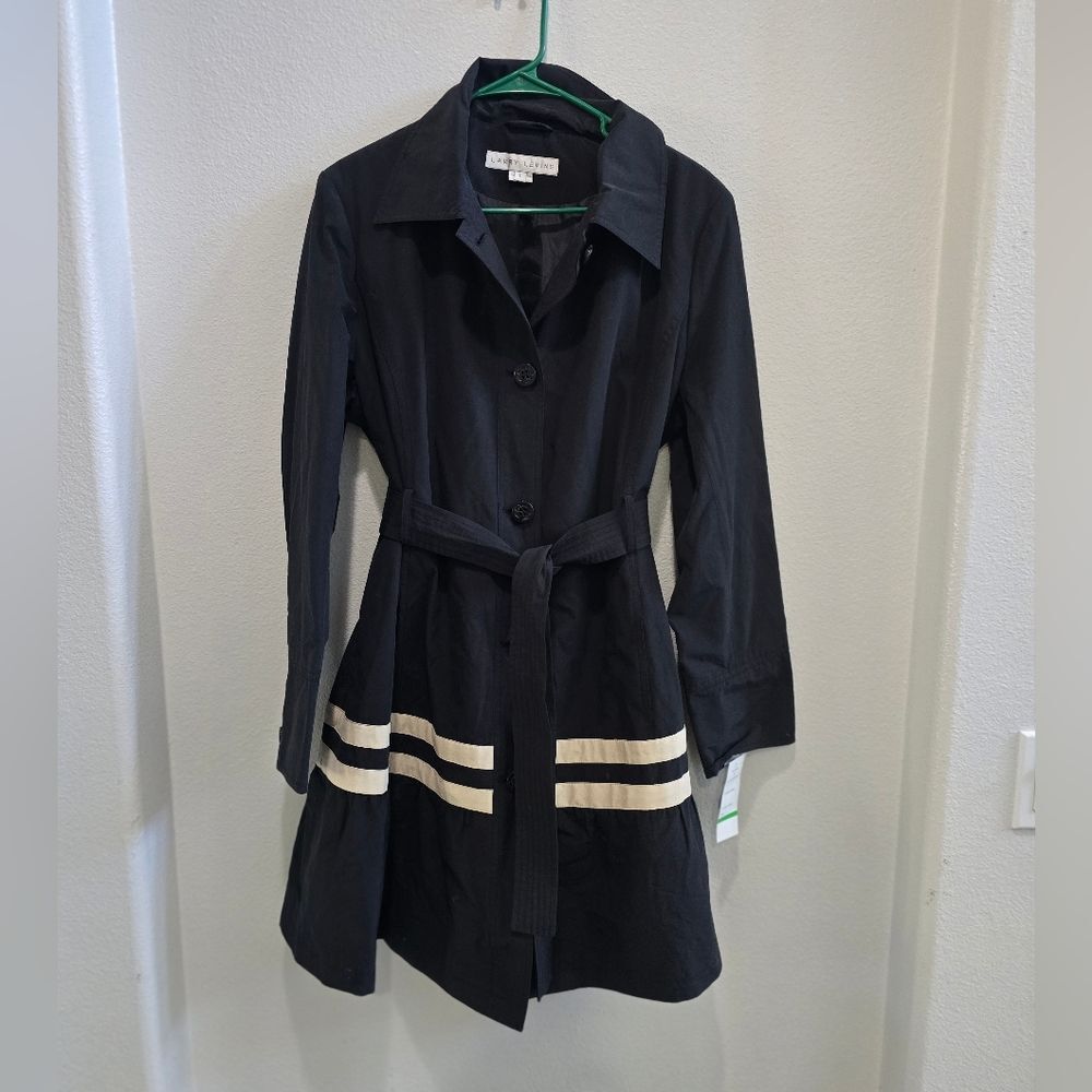 Larry Levine Black Trench Coat with Cream Stripes NWT dize large